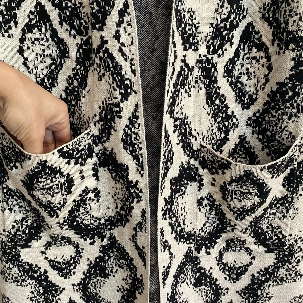 100% Cotton‎ Longline Maxi Duster Cardigan Black Cream Geometric Print S